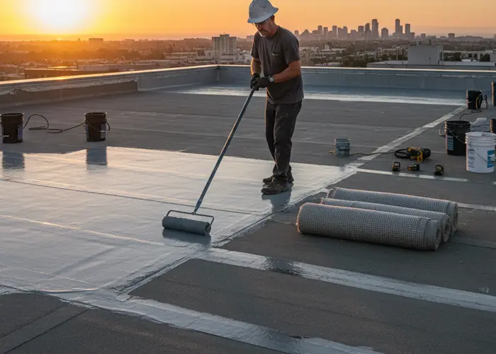 Profissional aplicando impermeabilizante em cobertura de edifício.