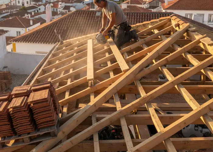 Profissionais instalando telhado em estrutura residencial.